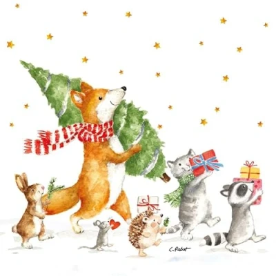 Afbeelding van Papieren servetten met kerstdieren tijdens het wandelen, 33 x cm, 20 stuks