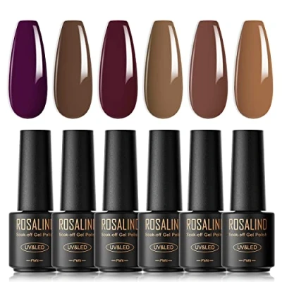 Image de ROSALIND Vernis Semi Permanent, 6 Couleurs Mini Brun Violet Foncé Soak Off à Ongle Gel UV LED Nail Art Permanent Manucure