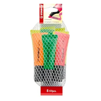 Image de STABILO Surligneur NEON Lot de 8 4 x jaune, 2 vert, 1 orange, rose