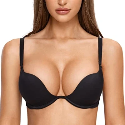 Afbeelding van DOBREVA Dames push up diepe plunge beha met beugel sexy gevoerd, zwart.