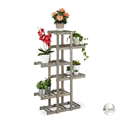 Afbeelding van Relaxdays plantenrek van hout plantentrap bloemenrek etagère 5 etages grijs