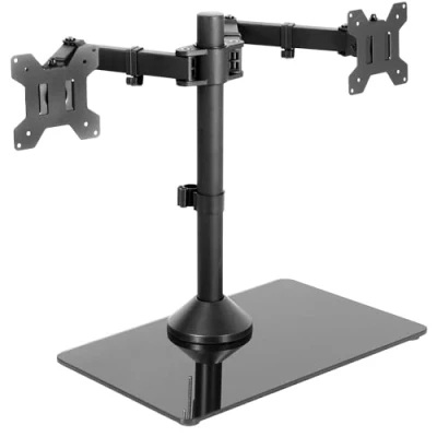 Afbeelding van VIVO STAND V002FG Vrijstaande dubbele monitorstandaard met elegante glazen voet en verstelbare armen, kan 2 schermen tot 32 inch elk 10 kg dragen, zwart