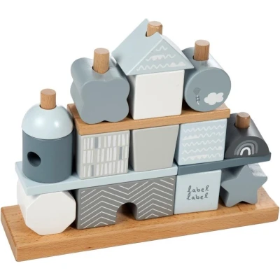 Afbeelding van Label Wooden stacking blocks Stapelblokken Huisje Blauw wit
