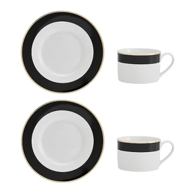 Afbeelding van Mikasa Luxe Deco Chinese theekopjes en schotels met blokstreep, set van 2, 200ml