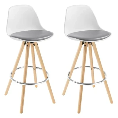 Afbeelding van WOLTU Grijs+Wit Barkrukken Barstoelen Set van 2 Stal Houten Poten Kunstleer met Rugleuning En Voetensteun,BH45grw
