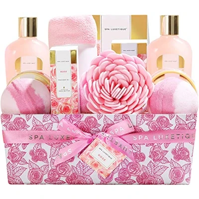 Afbeelding van Set van 12 luxe badmanden voor dames, spa cadeau met bubbelbad, badbommen, bodylotion, handcrème en meer, geschenkmand dames