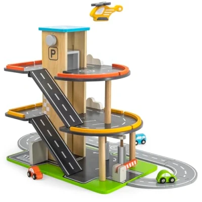 Afbeelding van TikTakToo Houten garage met 3 niveaus en speelweg, lift, wasstation, auto&#039;s, 1 helikopter, barrière, tankstation