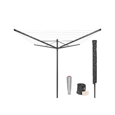 Afbeelding van Brabantia Lift O Matic Droogmolen met Metalen Grondanker, Beschermhoes, Wasknijpertasje en Wasknijpers 50 m Anthracite