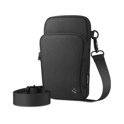 Afbeelding van Spigen Armband voor telefoon, sport, verstelbaar, 2 waterdichte zakken, klittenbandsluiting, zwart, zwart.