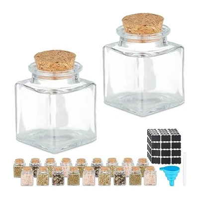 Afbeelding van Relaxdays vierkante kruidenpotjes kurken deksel 50 ml glazen potjes keukenpotjes Pak van 20