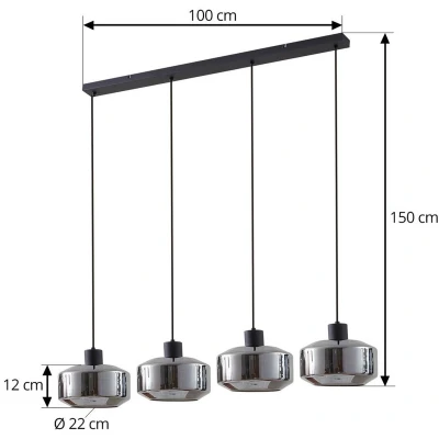 Afbeelding van Lindby hanglamp Hildur, 4 lamps, 115 cm, rookgrijs, glas
