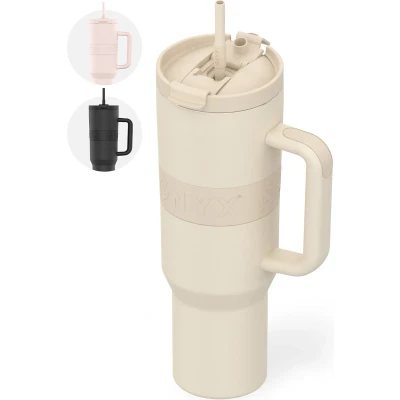 Afbeelding van ONYX Drinkfles met Rietje 1.2 Liter Waterfles voor Kinderen &amp; Volwassenen Thermosbeker Travel Mug Motiverende Drinkbus Drinkbeker School Beige