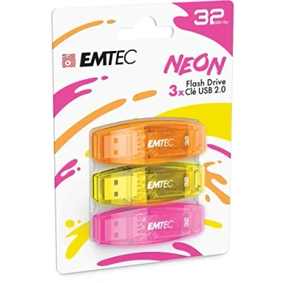 Image de EMTEC Clé USB 2.0 C410, Mémoire Flash Drive De 32Gb, Lecture 5Mb/S, Écriture 15Mb/S, Compatible 2.0, 3.0, Transparentes Néon Fluo Avec Capuchon, Pack 3