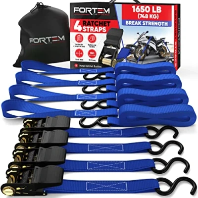 Afbeelding van FORTEM Sjorriemen, weerstand 680 kg, 4 sleepriemen 4,5 m, zachte gespen, sjorbanden voor motorfiets, rubberen handgreep, haken van gecoat metaal, transporttas (blauw)