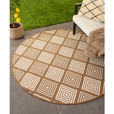 Afbeelding van Rond Buitenkleed Ruit Flip Gem Lichtbruin 160 Cm