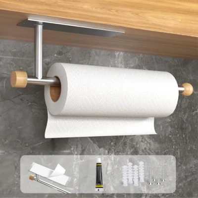 Afbeelding van Zivacate Zelfklevende keukenrolhouder, [Houten esthetische accenten] Scottex deursticker of boormachine, wanddeur, tafeldeur (metallic zilver)