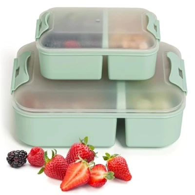 Afbeelding van Hausfelder Set van 2 lunchboxen met vakken Voor volwassenen en kinderen (mintgroen, 1 groot klein)
