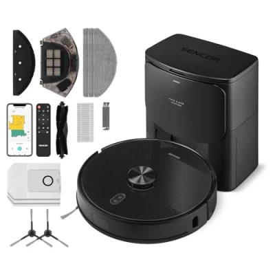 Afbeelding van Sencor SRV 9185BK Robotstofzuiger Met dweilfunctie Laadstation leegstation Verwijderd huisdieren haren Lidar laser App bediening Bluetooth 4 zuigniveaus 3 dweilniveaus TOF sensor Multi rooming mapping