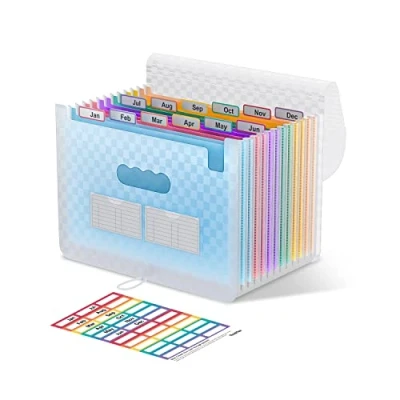 Afbeelding van ThinkTex Accordean File Organizer, 12 zakken uitbreiden bestandsmappen, draagbare maandelijkse factuur ontvangstbewijs, kleurrijke tabbladen, A4 formaat blauw