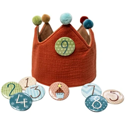 Afbeelding van Papierdrachen Verjaardagskroon van chiffon met cijferknoppen 1 tot 8, hoed voor verjaardagsfeest, decoratie jongens en meisjes (roodbruin)