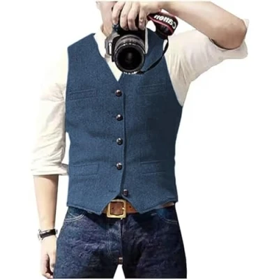 Afbeelding van Solovedress Casual wollen visgraatvest voor heren, V hals, tweed gilet bruiloft, Blauw