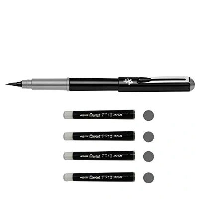 Image de Pentel GFKPN Pocket Brush stylo pinceau encre à pigments pour calligraphie, croquis, dessins Gris + 4 cartouches