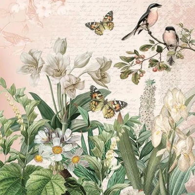 Afbeelding van 20 stuks papieren servetten met diermotief in de bloementuin, ook geschikt voor decoupage en servettechniek, 33 x cm