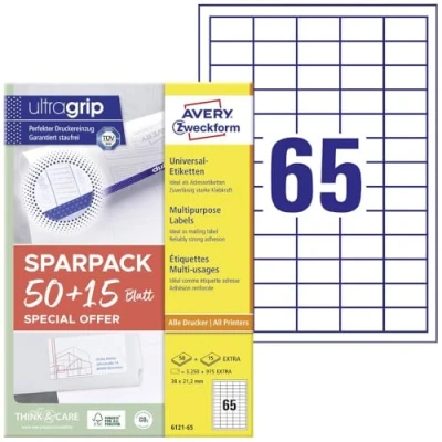 Afbeelding van Avery Zweckform 6121 65 Universele etiketten 38 x 21.2 mm Papier Wit vellen Permanent hechtend Inkjet, Laser (zwart/wit), (kleur), Kopiëren
