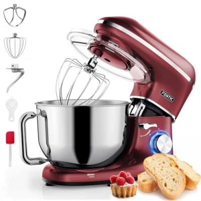Afbeelding van Fentic Keukenmachine 2000W RVS Mengkom (6,2 L) Keukenrobot Foodprocessor Mixer met Garde, Deeghaak en Menghaak Incl. Beschermhoes extra Accessoires Mat rood