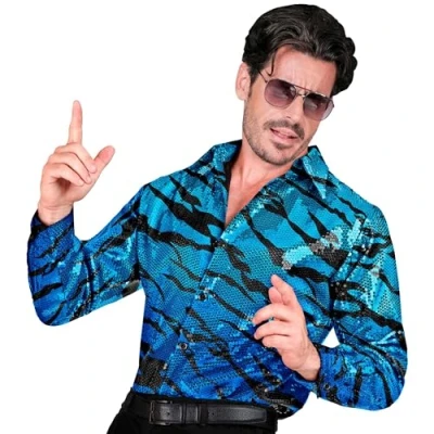 Afbeelding van Widmann Paillettten Overhemd Joe Exotic Tijgerkoning Man Blauw Small / Medium Carnavalskleding Verkleedkleding