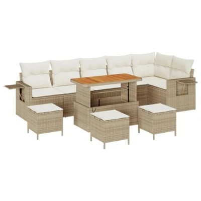 Afbeelding van vidaXL 10 delige Tuin Sofa Set met Kussens Beige Poly Rattan Acacia, 4 Eet Acacia
