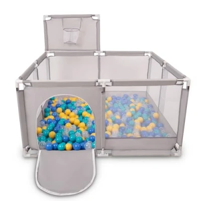 Afbeelding van Selonis kinderbox met mand en 200 ballen, grijs:blauw/turquoise/geel/transparant