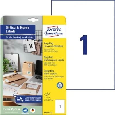 Afbeelding van Etiket Avery Zweckform LR3478 10 210x297mm recycled wit 10stuks