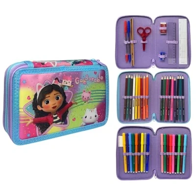 Afbeelding van CARTOON Trousse 3 zip complet 44 pièces pour l&#039;école multi compartiments stylos crayons couleurs marqueurs Giotto, Gabby&#039;s Dollhouse, Moderne