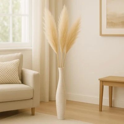 Afbeelding van Leewadee Grote vaas om op de grond neer te zetten voor decoratieve pampatakken, van mangohout, 70 cm, wit wassen