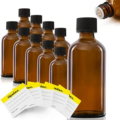Afbeelding van Oputec 10 x 100 ml glazen druppelflesjes + etiketteringsetiketten bruine apotheekflessen met druppelaar kleine flessen schroefsluiting