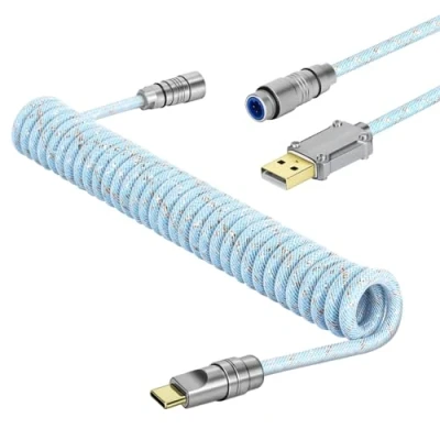 Afbeelding van MAMBASNAKE C05 Câble USB C Aviator Enroulé Personnalisé pour Clavier de Jeu, Nylon Tressé, A vers C, Mécanique Spiralé avec Connecteur d&#039;Aviation en Métal CNC, 4.92ft Bleu