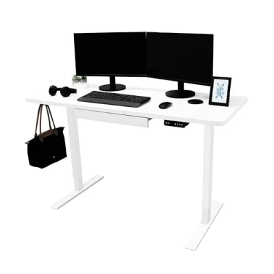 Afbeelding van Elektrisch Staand Bureau 140 x 60 cm Wit in hoogte verstelbaar ergonomisch zit naar stand Computer Werkstation Ingebouwd Lade USB A &amp; C Oplaadkabel Zak Haak Kantoor Tafel Timer Slim Bedieningspaneel