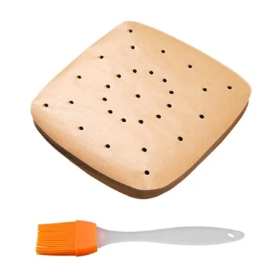Afbeelding van 100 stuks perkamentpapier voor airfryer met 1 stuk ovenborstel, bakpapier pan, papieren voering, gemakkelijk schoon te maken, houdt olievlekken weg