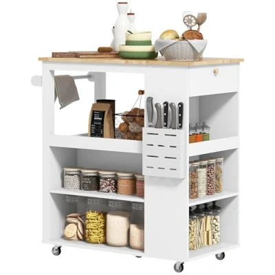 Afbeelding van HOMCOM Desserte keukeneiland, trolley met wieltjes, dienblad van rubberhout, 4 verstelbare planken, meerdere vakken, messenhouder, keukenwagen op wielen, handdoekhouder, wit