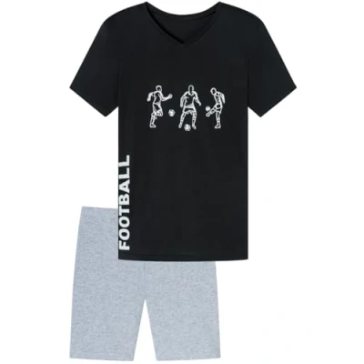 Afbeelding van Korte pyjama voor jongens, zachte single jersey van 100% katoen en bermudabroek, Zwart Drie Spelers