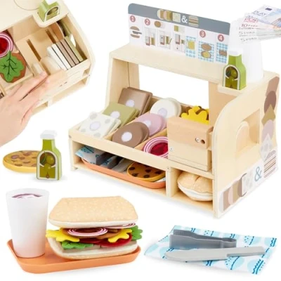 Afbeelding van Mamabrum Houten sandwich bar voor kinderen 3+, speelgoed, restaurant, broodjes, rollenspelen speelgoed kok, accessoires speelgoedkeuken