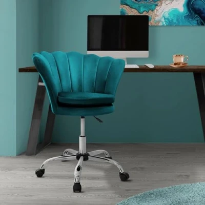 Afbeelding van Bureaustoel met wielen en rugleuning schelpdesign 68x68 cm petrol fluweel metalen frame ML design