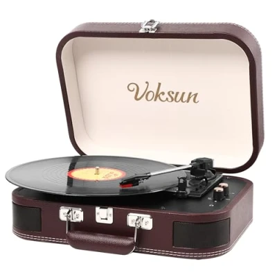 Afbeelding van Voksun platenspeler, bluetooth vinyl draaitafel met luidspreker, riemaandrijving 33/45/78 rpm, platenspeler koffer, naar MP3 functie/USB/Aux In/RCA