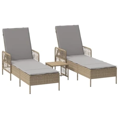 Afbeelding van vidaXL Zonnebed Set van 3 Beige PE riet, metaal Inklapbaar
