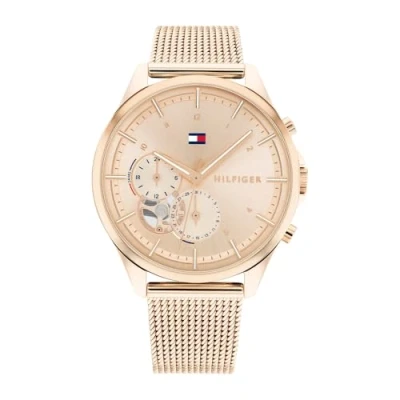 Afbeelding van Tommy Hilfiger Multifunctioneel analoog kwartshorloge voor dames met Milanese armband van roestvrij staal in lichtroze Gouden kleur 1782486, oogje,