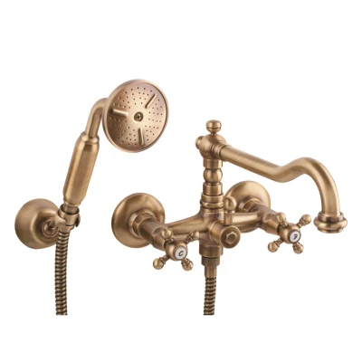 Afbeelding van PB klassieke kraan opbouw badkraanset met sterknoppen inclusief handdouche Brons 1208855252