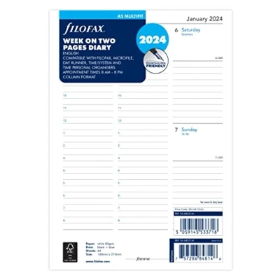 Afbeelding van Filofax Agenda 2024 met een week op twee pagina&#039;s, kolomformaat, DIN A5, wit