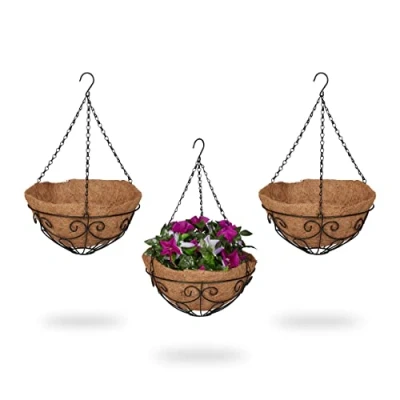 Afbeelding van Relaxdays hangende plantenmand kokos set van 3 plantenhangers hanging basket 31 cm