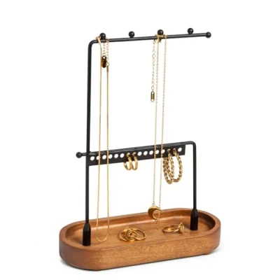 Afbeelding van KOOK TIME Sieradenhouder Metalen sieradenstandaard met acacia sieradendienblad voor ringen, armbanden en andere kleine sieraden kettingstandaard oorbeldisplay alles in één